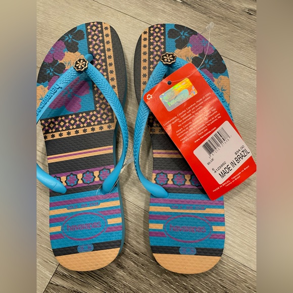 HAVAIANAS Slim Blue flip flops with Hawaiian hibiscus flower print Women’s Size6 - Picture 2 of 5